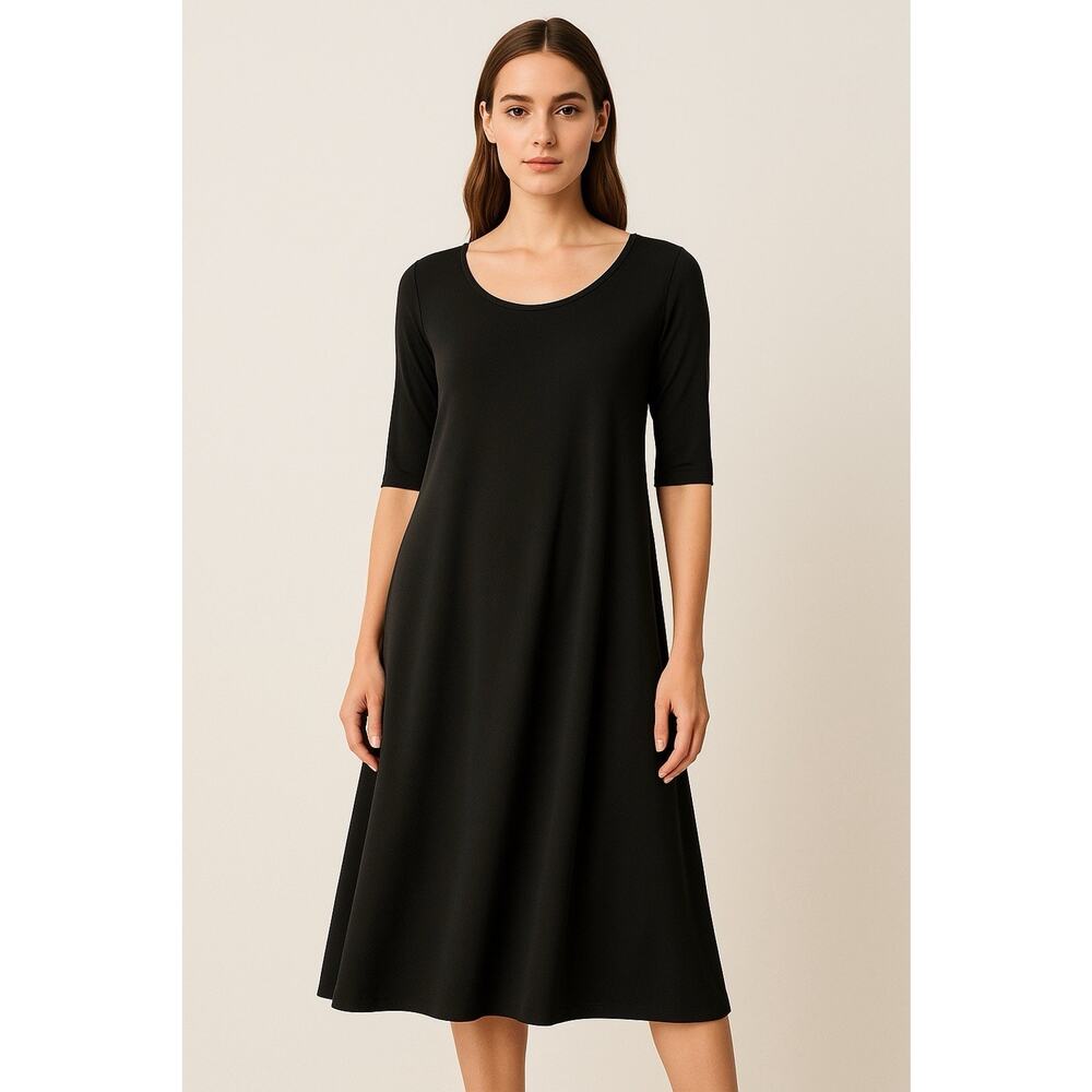 Eileen Fisher 100% Silk Little Black Dress Midi XS Quiet luxury Minimalist